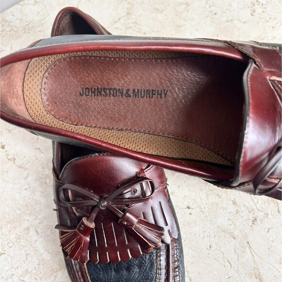 Johnston Murphy Mens Shoes 10 Black Brown Two Tone Leather Loafers Slip On Nice! - Picture 8 of 12